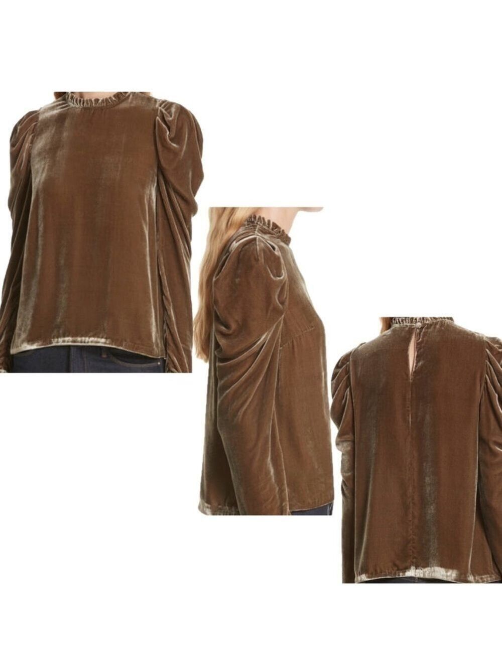 Ulla Johnson Giles Velvet Blouse olive puff sleeve ruffle collar silk blend 6